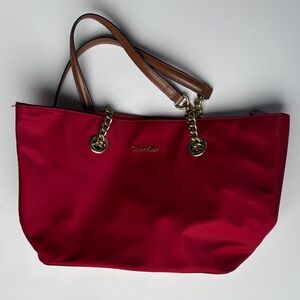 Calvin Klein Red Tote with Tan Straps and Gold Hardware